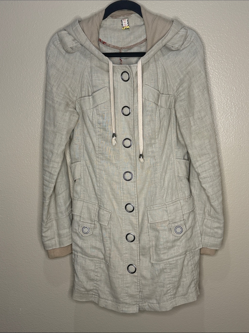 Free People Long Hooded Utility Jacket - Beige Khaki Military Ramie Trench